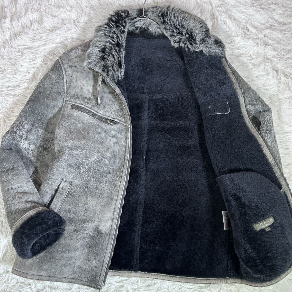 極暖【希少!LLサイズ】Wind Armor ウインドアーマー リアルムートンジャケット 羊革 ファー ボア グレー系 XL ニチワ フライトジャケット拍卖