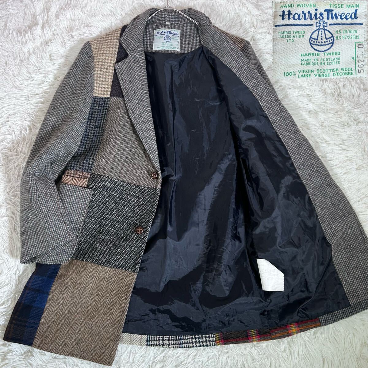 【良品】HarrisTweed ハリスツイード 1998 UK 英国製 チェスターコート パッチワーク クレイジーパターン 厚手 ウール くるみボタン拍卖