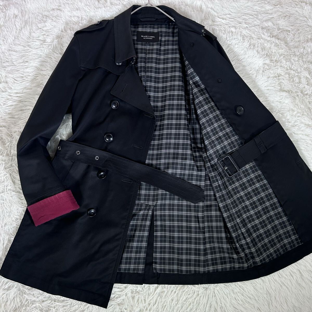 BURBERRY BLACK LABEL バーバリーブラックレーベル トレンチコート Lサイズ 黒 ベルト付 裏地チェック柄 コットン 伸縮性 ストレッチ素材拍卖