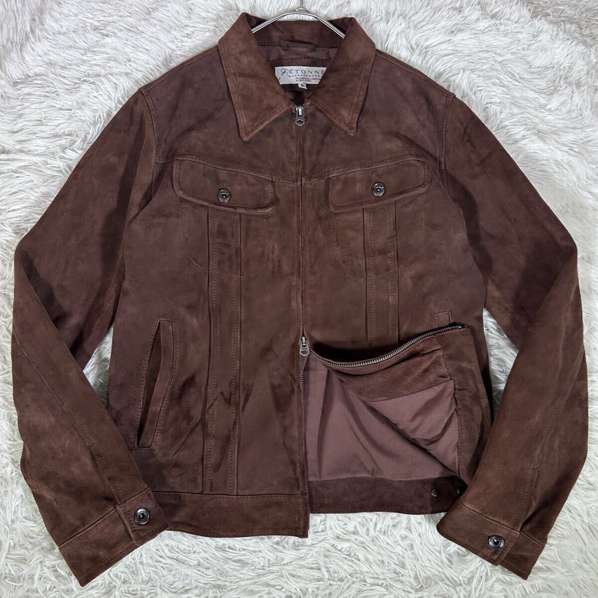 【良品】ETONNE エトネ レザージャケット ゴートスエード 山羊革 Lサイズ ブラウン TALON社ジッパー ダブルジップ メンズ ブルゾン拍卖