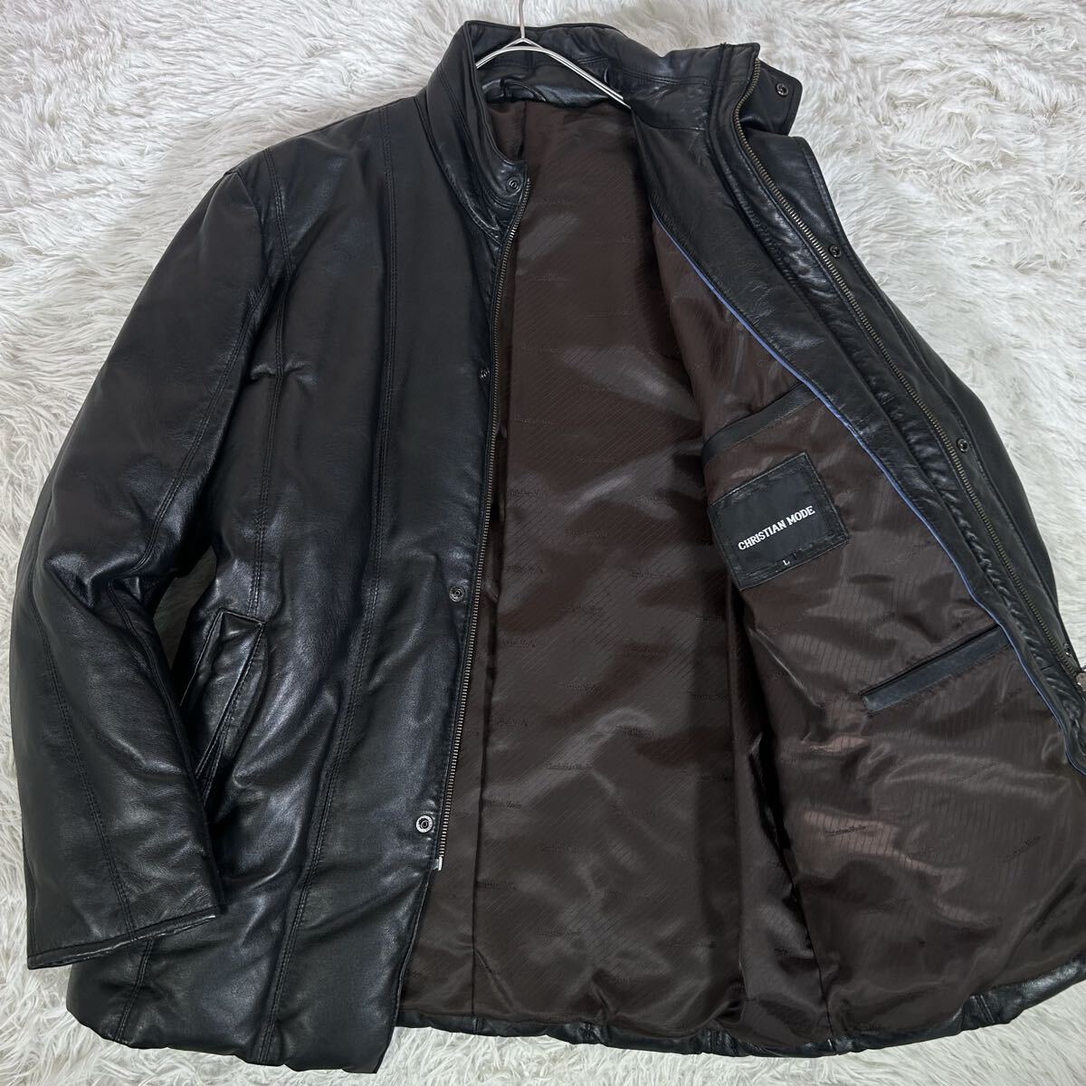 【美品】CHRISTIAN MODE クリスチャンモード レザーダウンジャケット 羊革 ラムレザー Lサイズ ブラック 黒 肉厚 メンズ アウター拍卖