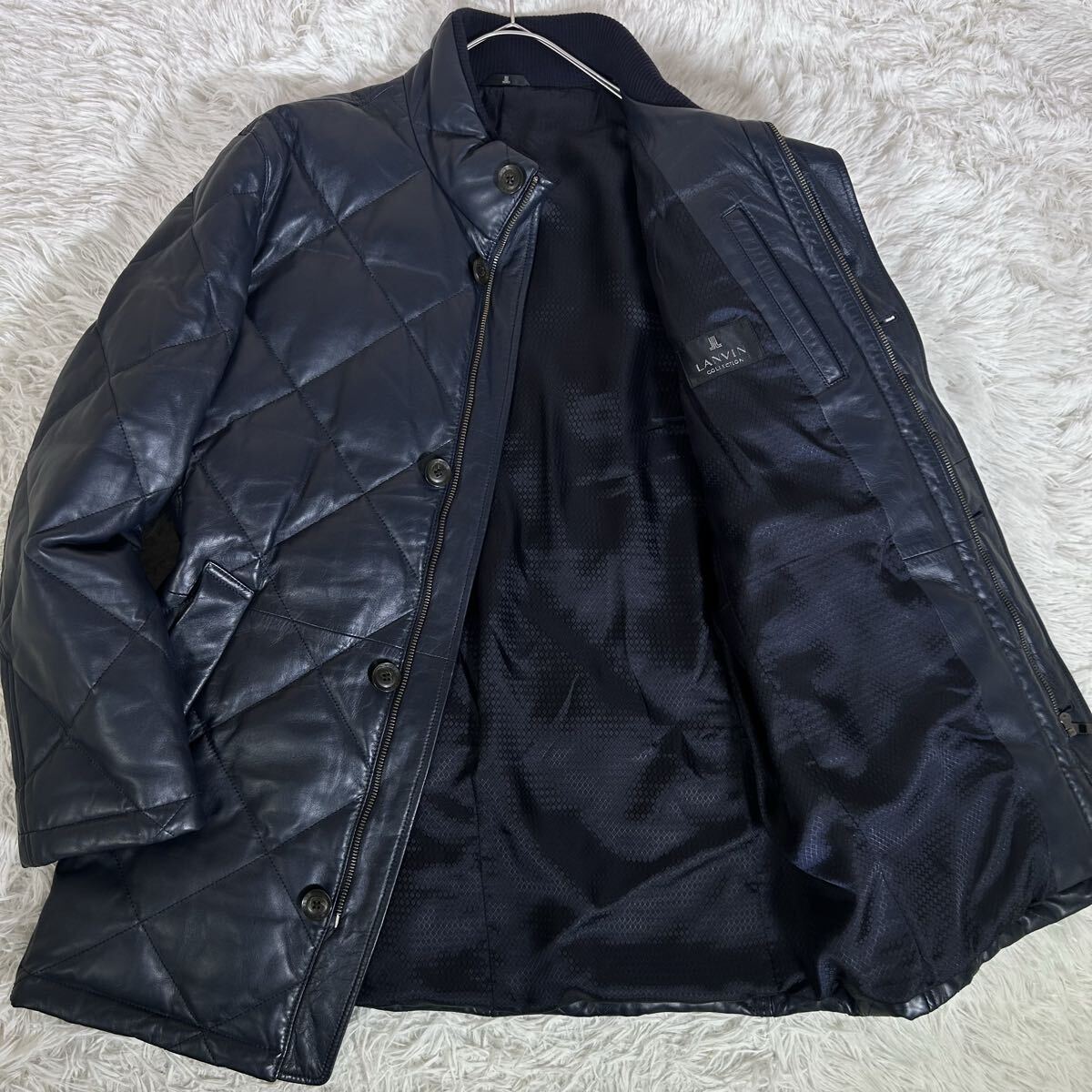 【良品】LANVIN COLLECTION ランバンコレクション キルティングダウンジャケット 羊革 ラムレザー L〜XLサイズ相当 ネイビー ミドル丈 極暖拍卖