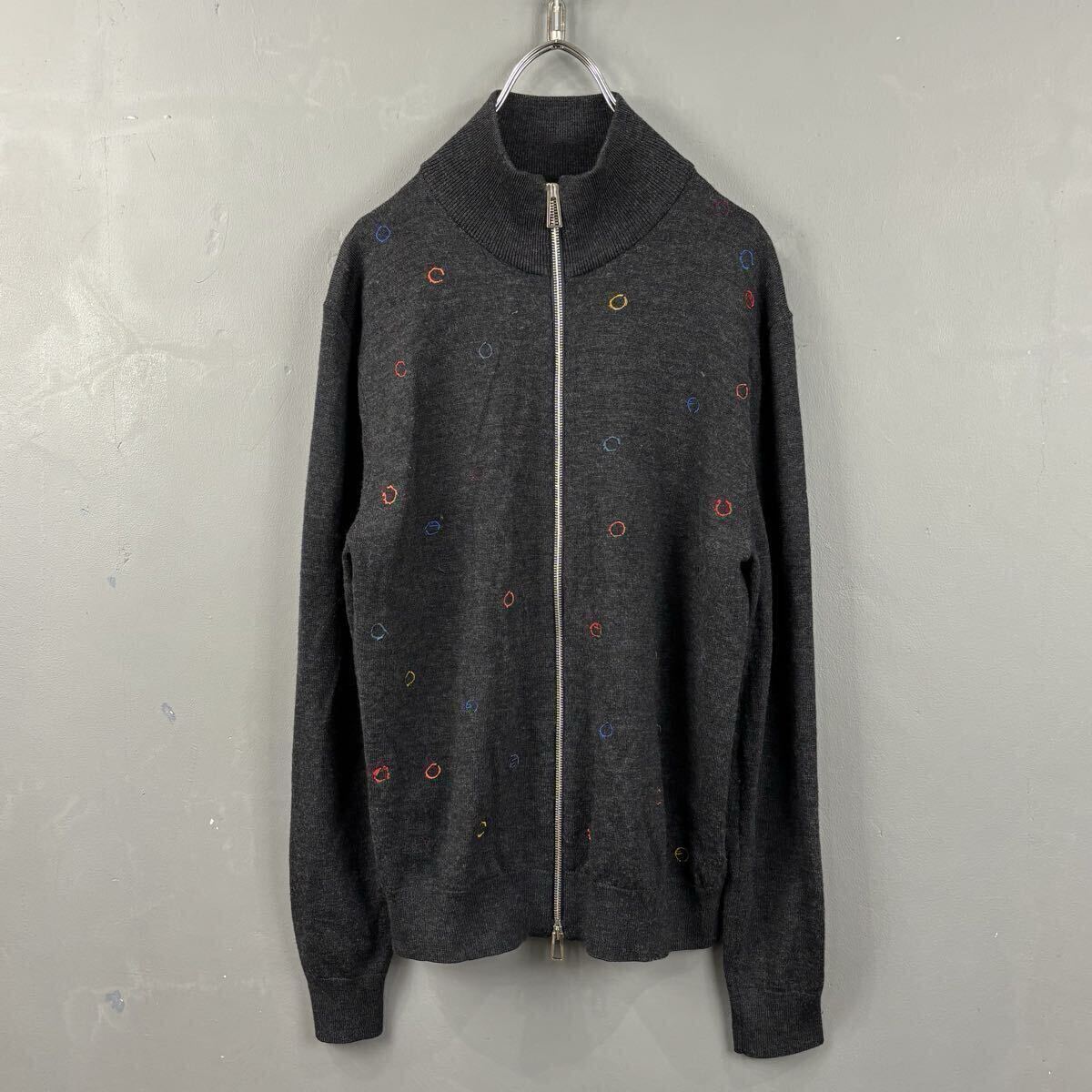 美USED PS Paul Smith ピーエス ポールスミス 薄手 フルジップ ニット セーター ウール ジャケット ハイネック 刺繍 メンズ L PY-2M-89074拍卖