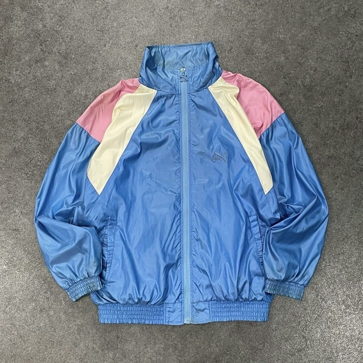 80s Vintage PUMA プーマ ナイロンジャケット ウィンドブレーカー ジップアップ ブルゾン ハイネック 刺繍タグ ヴィンテージ メンズ拍卖