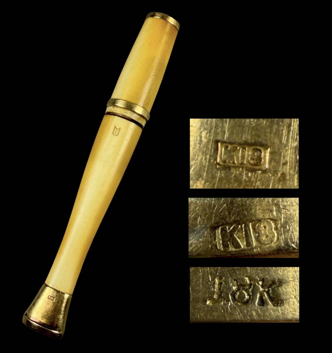 【偲】うぶ品 鯨歯風 天然素材18k k18 刻印 金 時代物 古いパイプ ランド パイプ 喫煙具 t-115拍卖