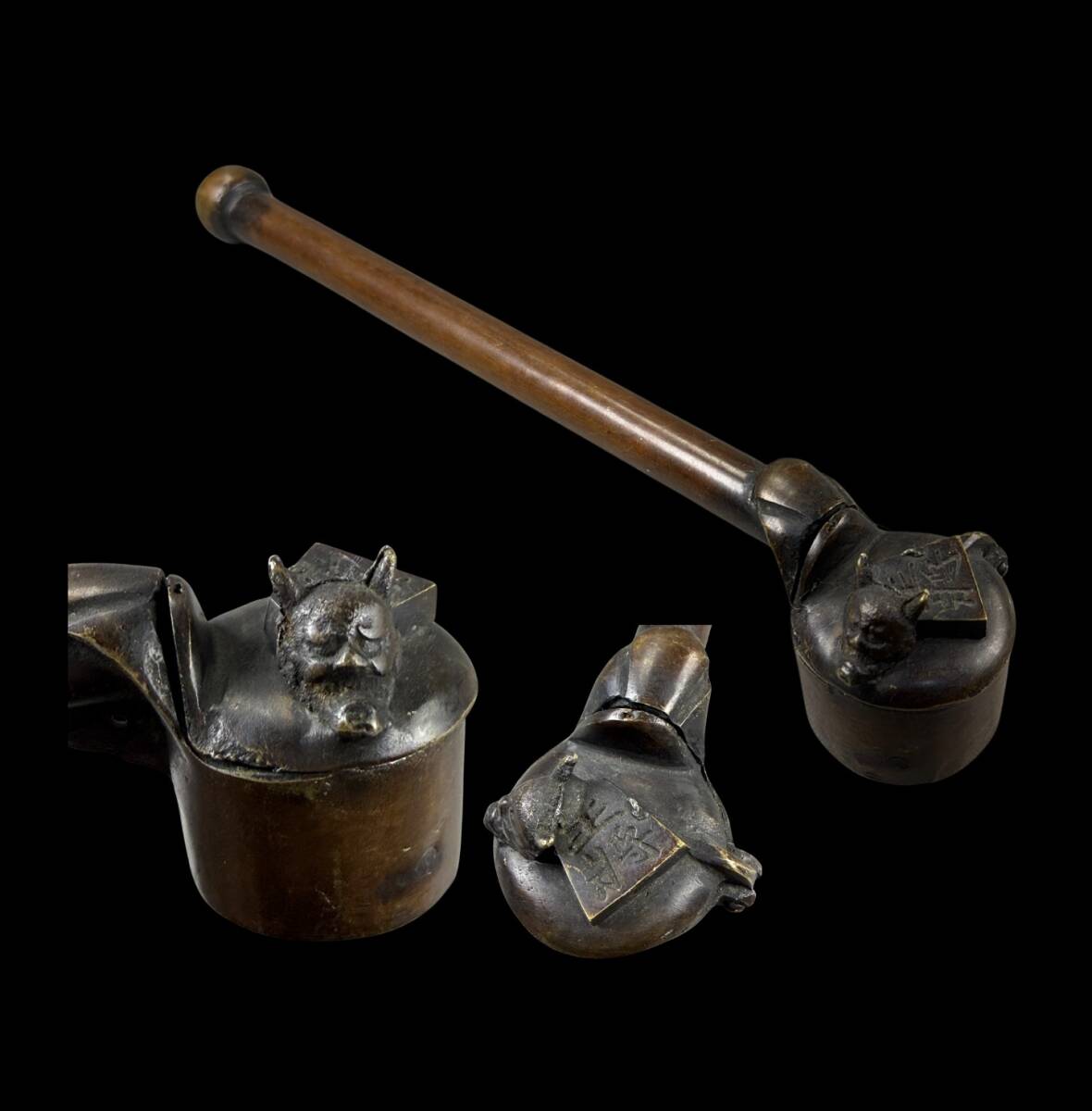 【偲】矢立 細工 『 王将』 筆筒 墨壺 時代提げ物 浮彫 筆記用具 書道具 古銅 刀装具装飾 古玩 文具 工芸品 n-48拍卖