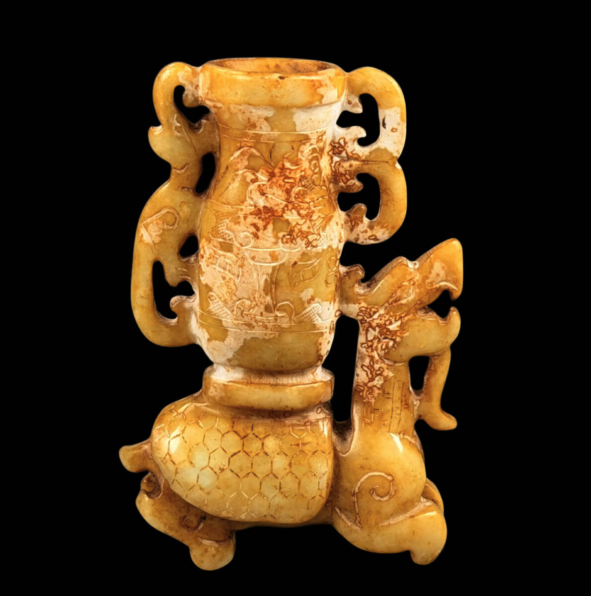 【偲】玉 神獣 蓋物 置物 祭礼 美術品 複雑な彫刻 高さ約10㌢ 重さ約167g 木箱有 r-970拍卖