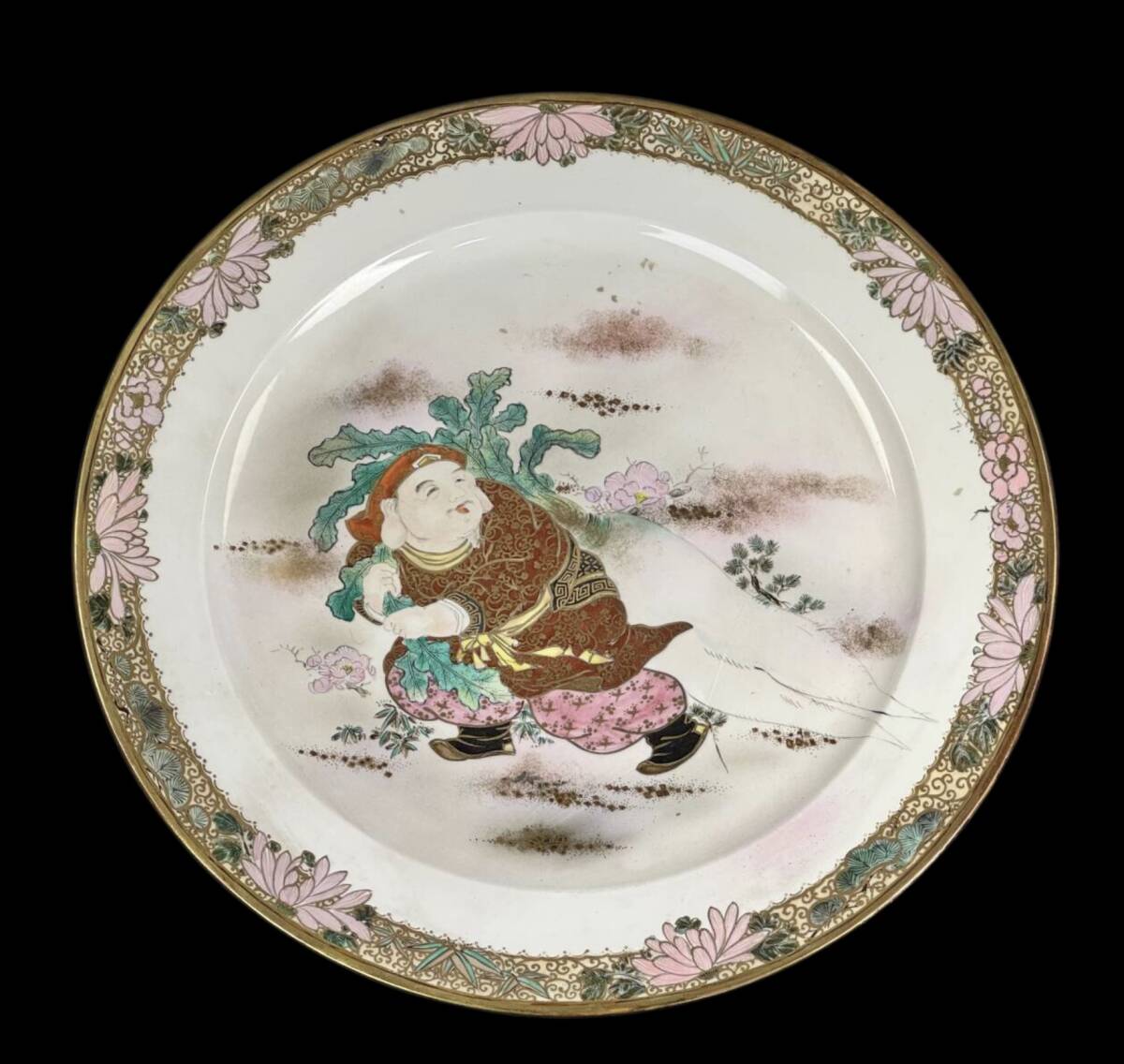 【偲】九谷焼 古九谷 大皿 鉢 金彩 粉彩 赤絵 染付 直径約40.5㌢ 高さ約3.8㌢ 時代物 骨董品 古美術 食道具 食器 j-89拍卖