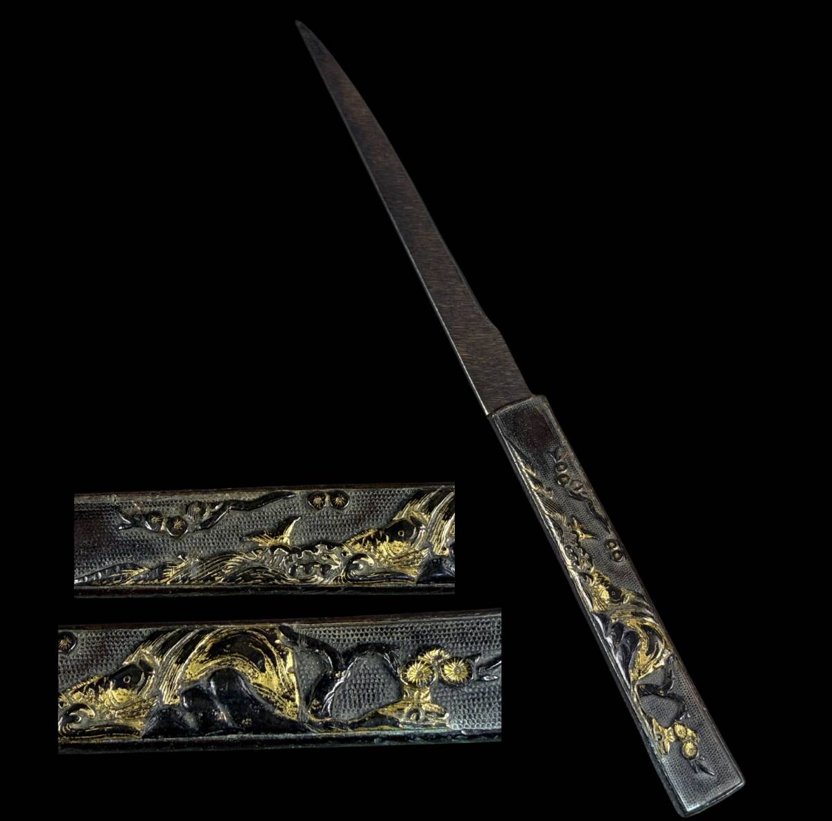 【偲】塗金 江戸時代 鍔 鐔 小刀 小柄 刀装具医『松 鯉』 骨董 日本刀/刀装具/武具/骨董/古美術/美術品/時代物 r-1011拍卖
