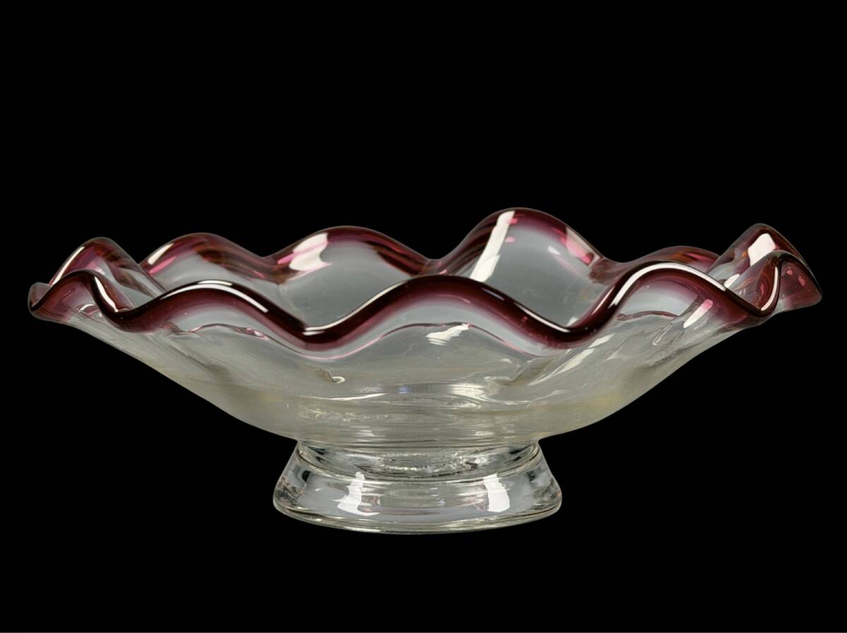 【偲】花形氷コップ 氷皿 透明ガラスボウル 和ガラス 吹きガラス ピンクフリルエッジ 直径約17.5㌢ r-976拍卖