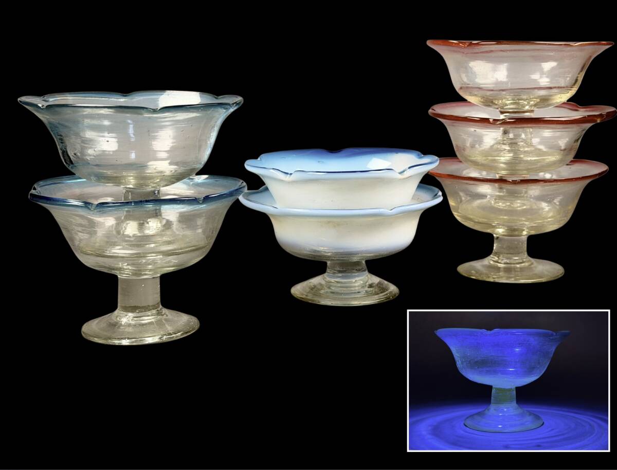 【偲】大正ガラス 和ガラス 氷コップ 色硝子 7客 輪花形 アンティーク レトロ r-977拍卖