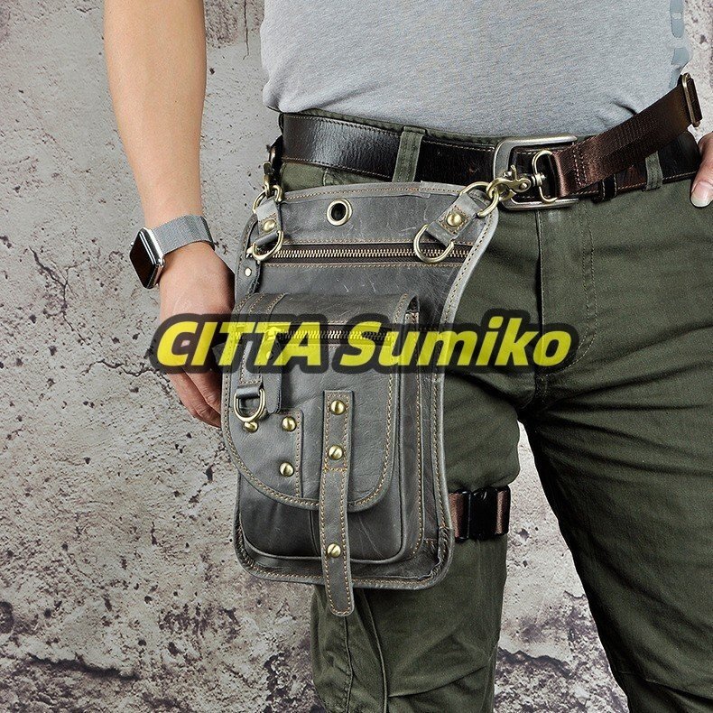 牛革 レッグポーチ ウエストバッグ 多機能 ヒップバッグ ツーリングバッグ リアル カウレザー 本皮 バイク用 灰拍卖