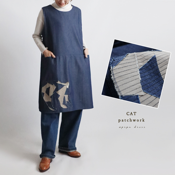 芸術の秋 新作 愉快なチュニック 猫パッチワーク CAT 大きなポケット付き ジャンスカ ワンピース Y01E拍卖