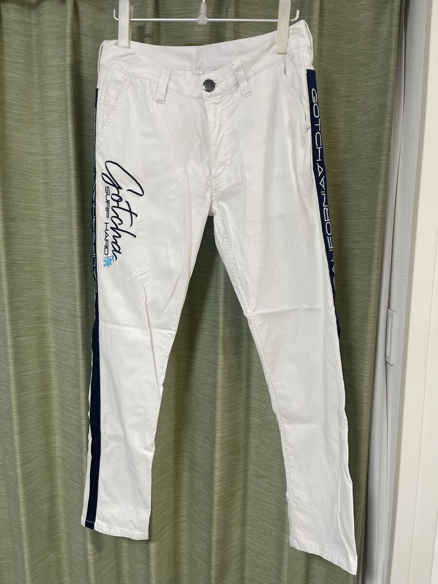 ガッチャゴルフ ウェア ストレッチパンツ テーパード サイドライン ロゴ刺繍 サイズL ホワイト ストレッチ ゴルフパンツ拍卖