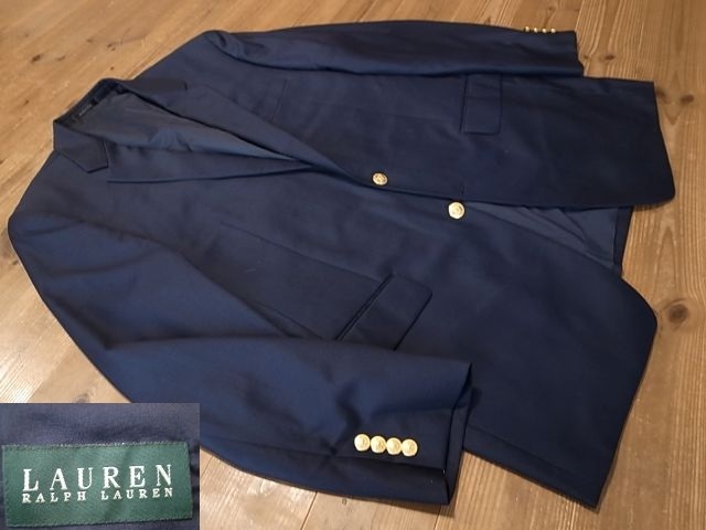美品 RALPH LAUREN ラルフローレン ウール オールシーズン 2釦 紺 ブレザー 金釦 テーラード ジャケット アメリカ古着 サイズ 2XL 3L拍卖