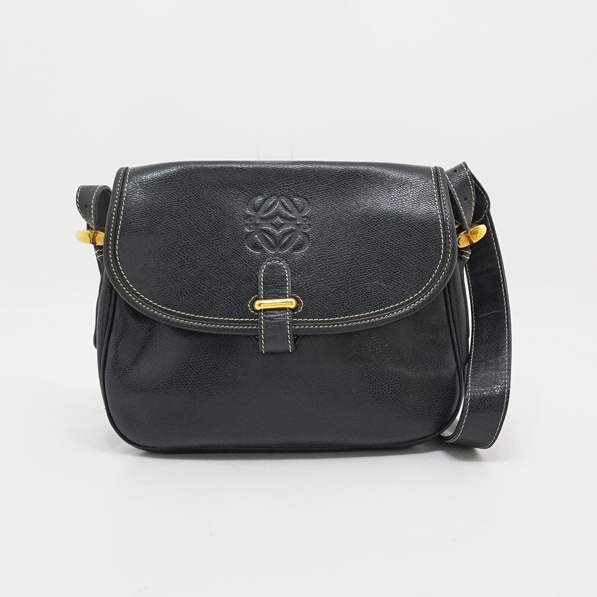 ◇【LOEWE ロエベ】ヴィンテージ アナグラム レザーショルダーバッグ ブラック拍卖