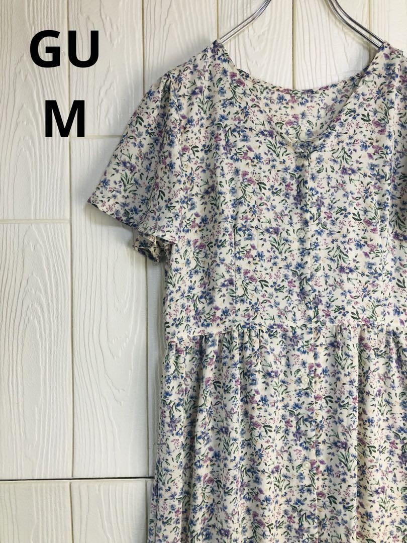 GU 花柄 半袖 シャツワンピース 長さ101cm Mサイズ拍卖
