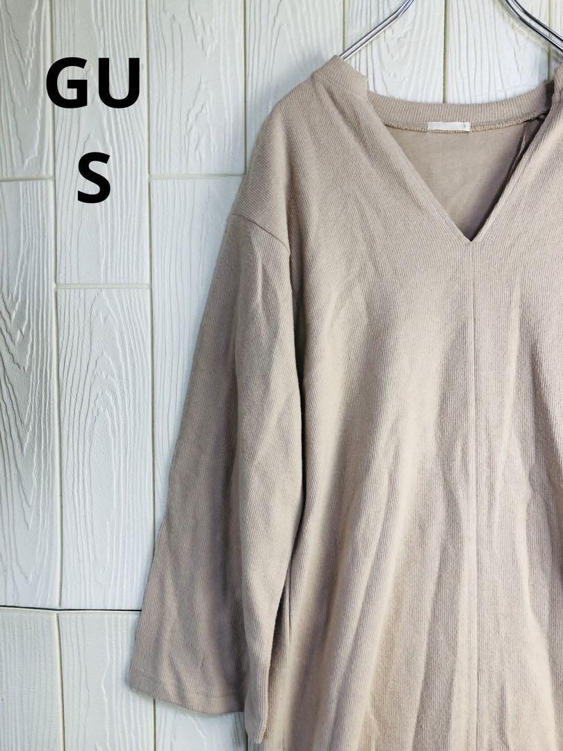 GU ベージュ Vネック ロングカットソーワンピース Sサイズ拍卖