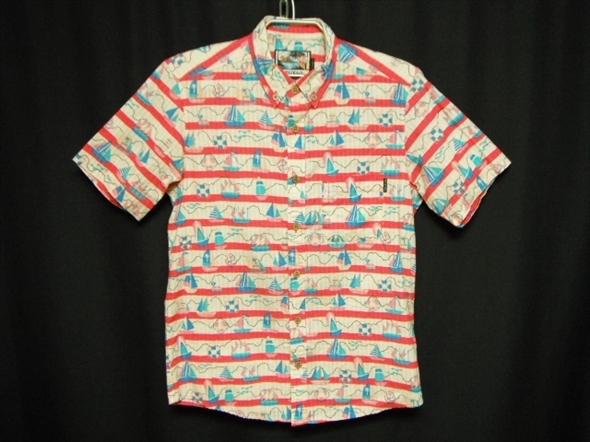【M423】送料無料★美中古★PAIKAJI パイカジ ボタンダウン 半袖アロハシャツ S マリン ボーダー ヨット 日本製 沖縄 琉球 かりゆしウェア拍卖