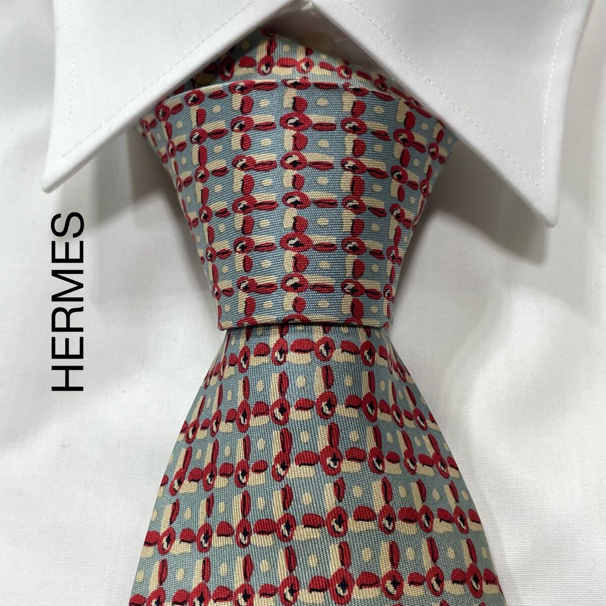 HERMES エルメス パターン柄 シルク ネクタイ フランス製 ブルー レッド ベージュ TG2914拍卖