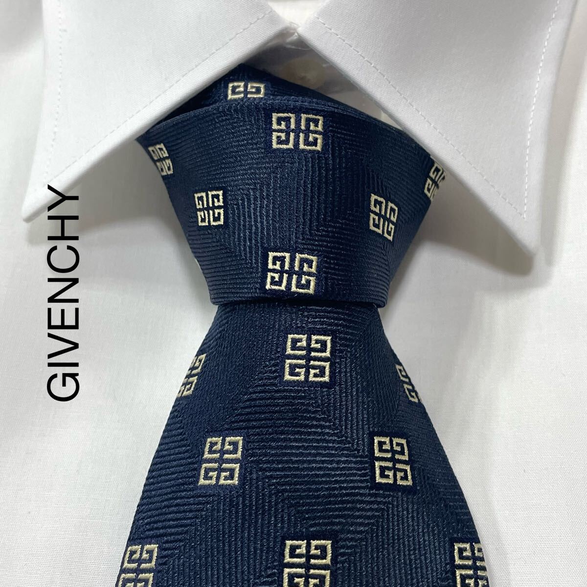 GIVENCHY ジバンシー ロゴ ジャガード シルク ネクタイ イタリア製 ネイビー TG3006拍卖