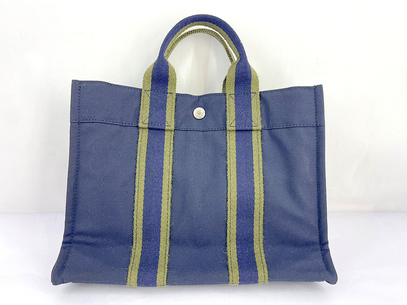 1円★ HERMES エルメス フールトゥ PM トート バッグ ハンドバッグ キャンバス ネイビー グリーン 中古拍卖