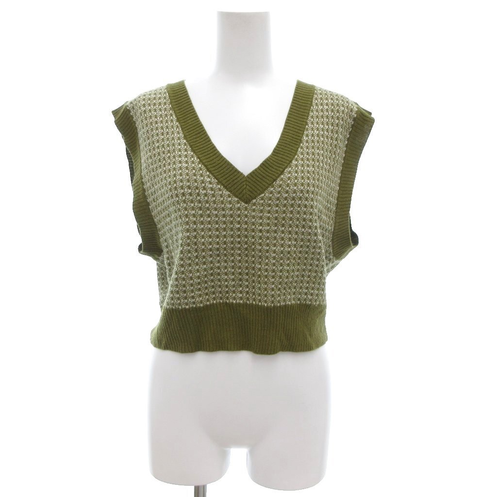アースミュージック&エコロジー EARTH MUSIC & ECOLOGY 美品 ショートジャガードニットベスト ノースリーブ Vネック 総柄 F カーキ 白拍卖