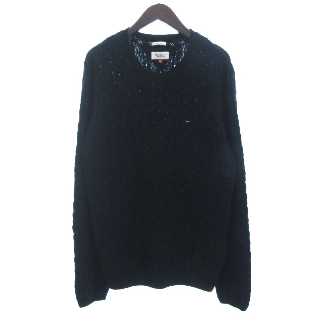 ヒルフィガーデニム HILFIGER DENIM クルーネック ケーブル ニット セーター コットン 長袖 ワンポイント 黒 ブラック XL メンズ拍卖