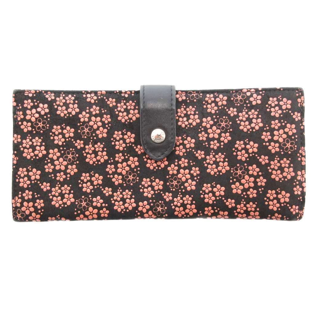 印傳屋 INDEN‐YA INDENYA 忘れな草 フラップ ウォレット 長財布 レザー 本革 黒 ブラック 総柄 /AE レディース拍卖