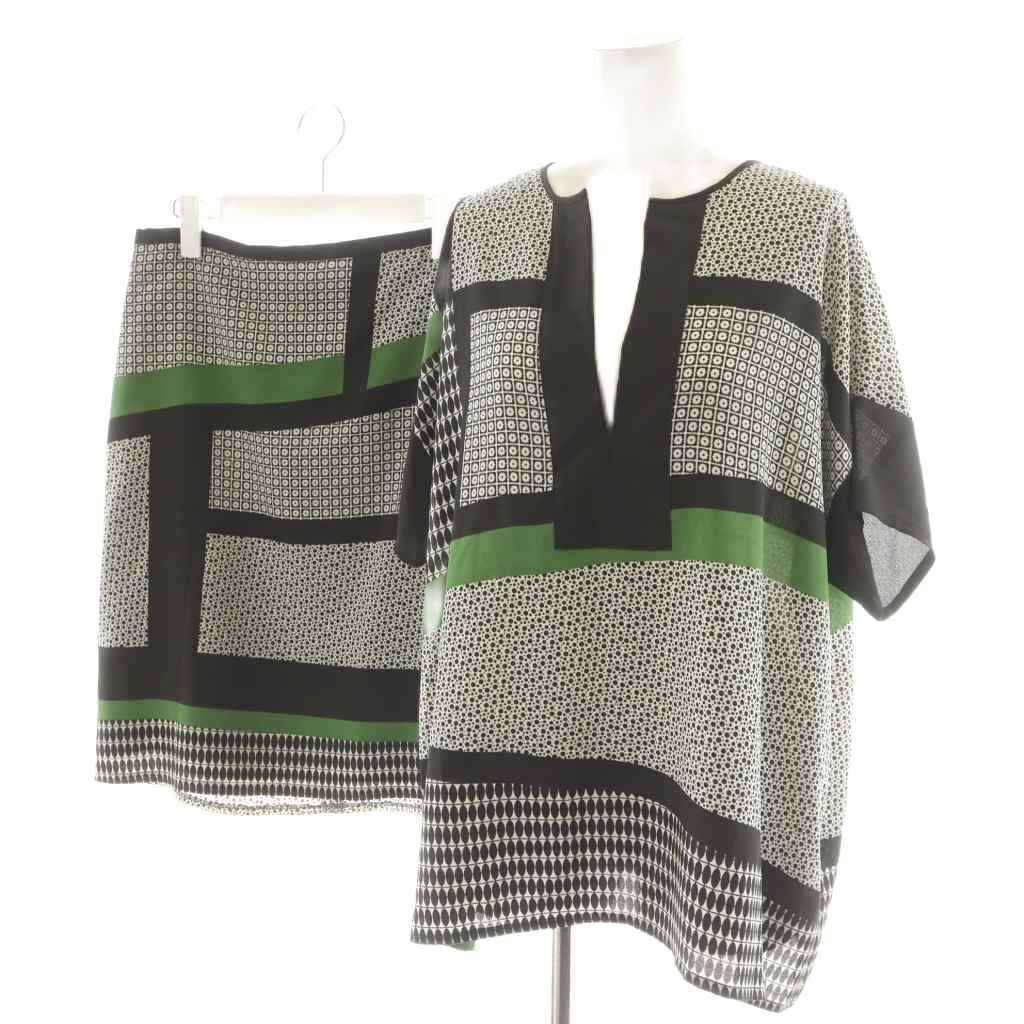 モガ MOGA セットアップ シャツ ブラウス 半袖 フレアスカート ひざ丈 総柄 2 黒 ブラック 緑 グリーン /AN48 レディース拍卖