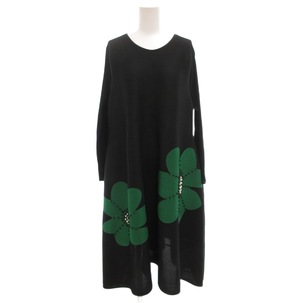 エボニー ebony ワンピース プリーツ ビジュー ひざ丈 長袖 M-L 黒 ブラック /AE レディース拍卖