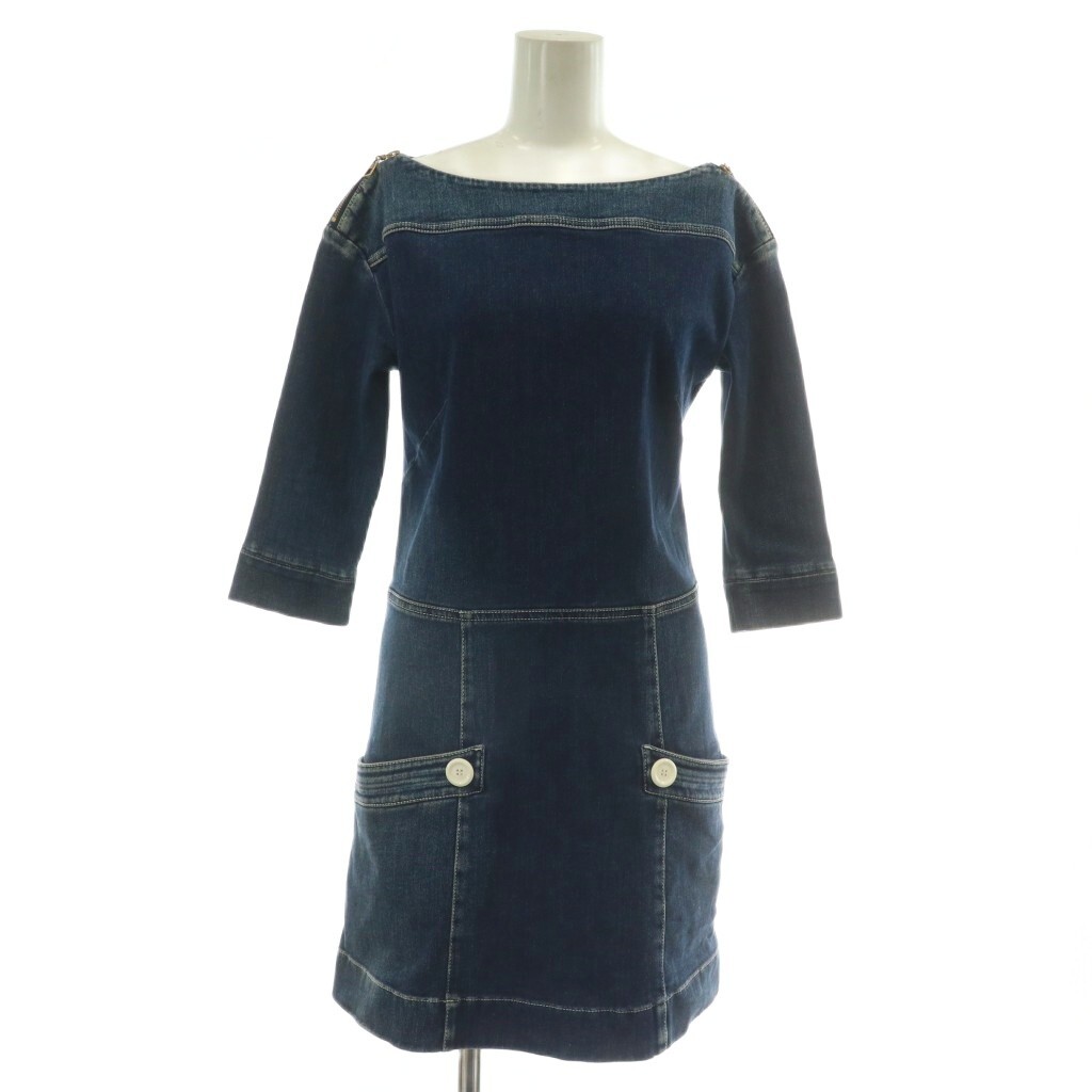 ルイヴィトン LOUIS VUITTON ワンピース デニム 七分袖 ひざ丈 ボートネック 34 XS インディゴ 紺 ネイビー /XZ ■GY17 レディース拍卖