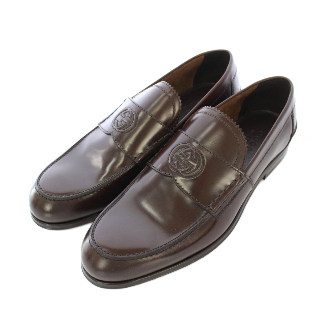 グッチ GUCCI ローファー ダブルGシンボル ローヒール レザー ロゴ インターロッキング ワンカラー 9 茶 ブラウン /BB メンズ拍卖