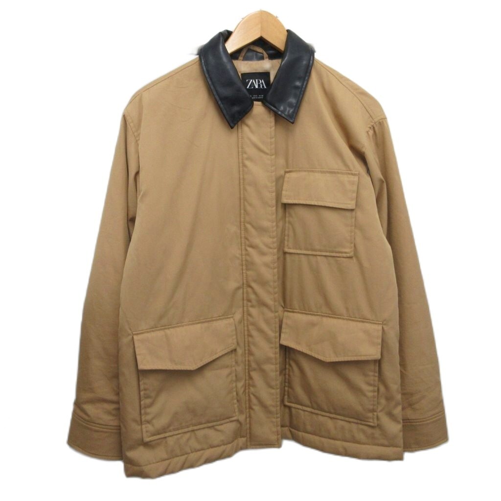 ザラ ZARA カバーオール ジャケット ブルゾン 中綿 フェイクレザー S ベージュ 4341/785/704 レディース拍卖