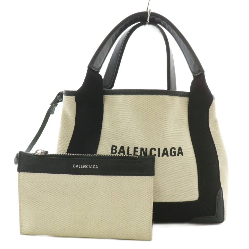 バレンシアガ BALENCIAGA NAVY CABAS ハンドバッグ トート ショルダー 2WAY キャンバス ポーチ付き ロゴ ベージュ 黒 ブラック拍卖