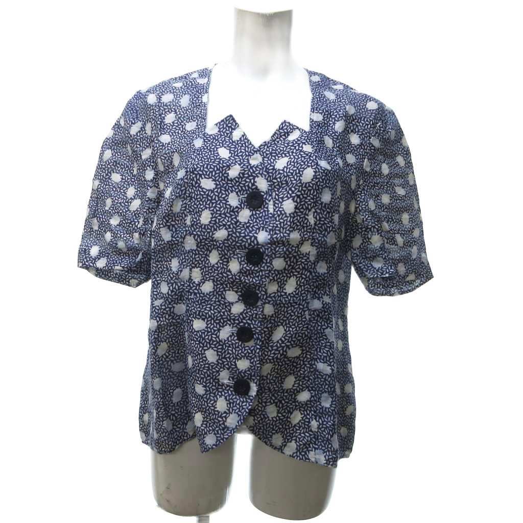 ランバン LANVIN 美品 リネン ブラウス シャツ 半袖 総柄 紺 ネイビー 44 約L IBO79拍卖