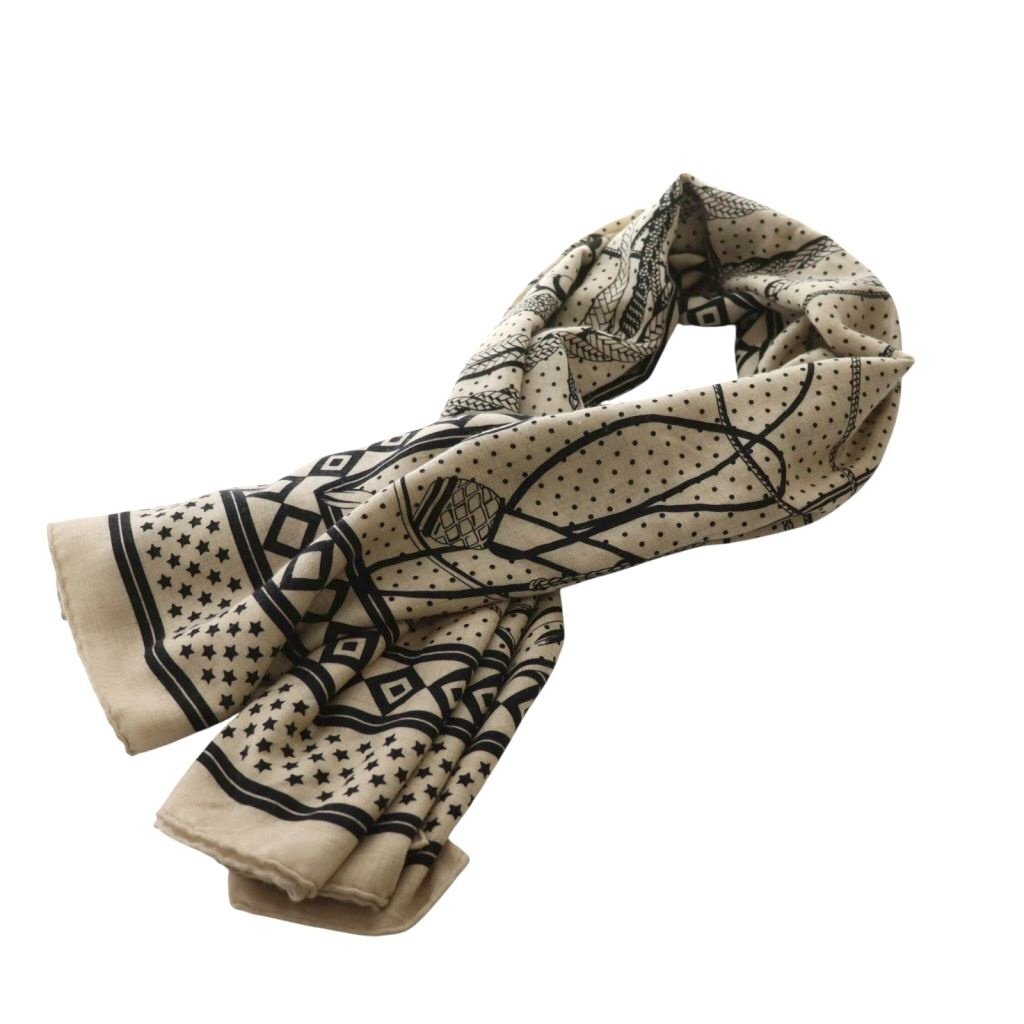 エルメス HERMES Fouets et Badines 鞭とグリップ カレ140 カレジェアン スカーフ ストール ベージュ 黒 ブラック /AQ ■OS拍卖