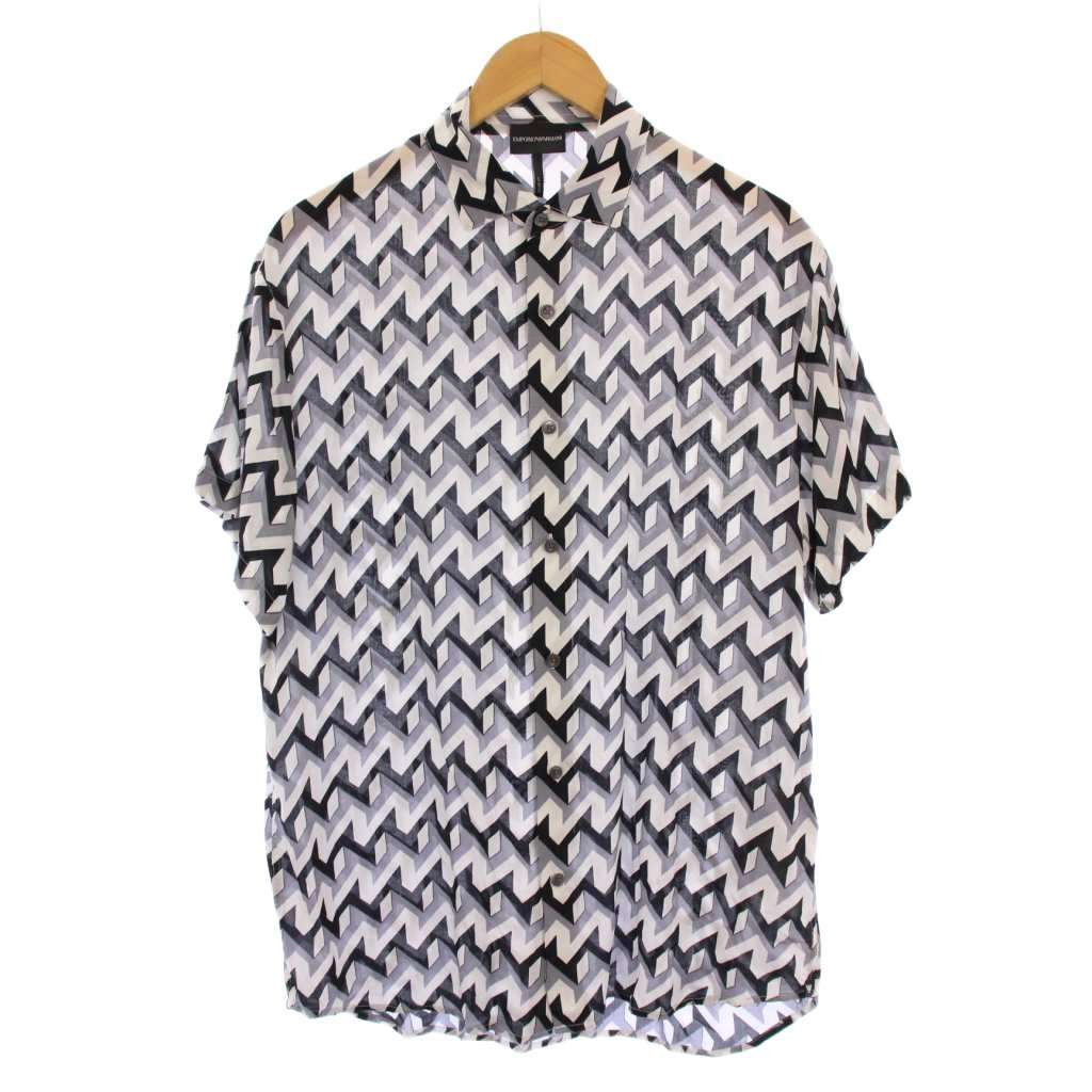 エンポリオアルマーニ EMPORIO ARMANI OVER FIT カジュアルシャツ 半袖 レギュラーカラー 総柄 M 黒 ブラック グレー 白 3K1CB9拍卖