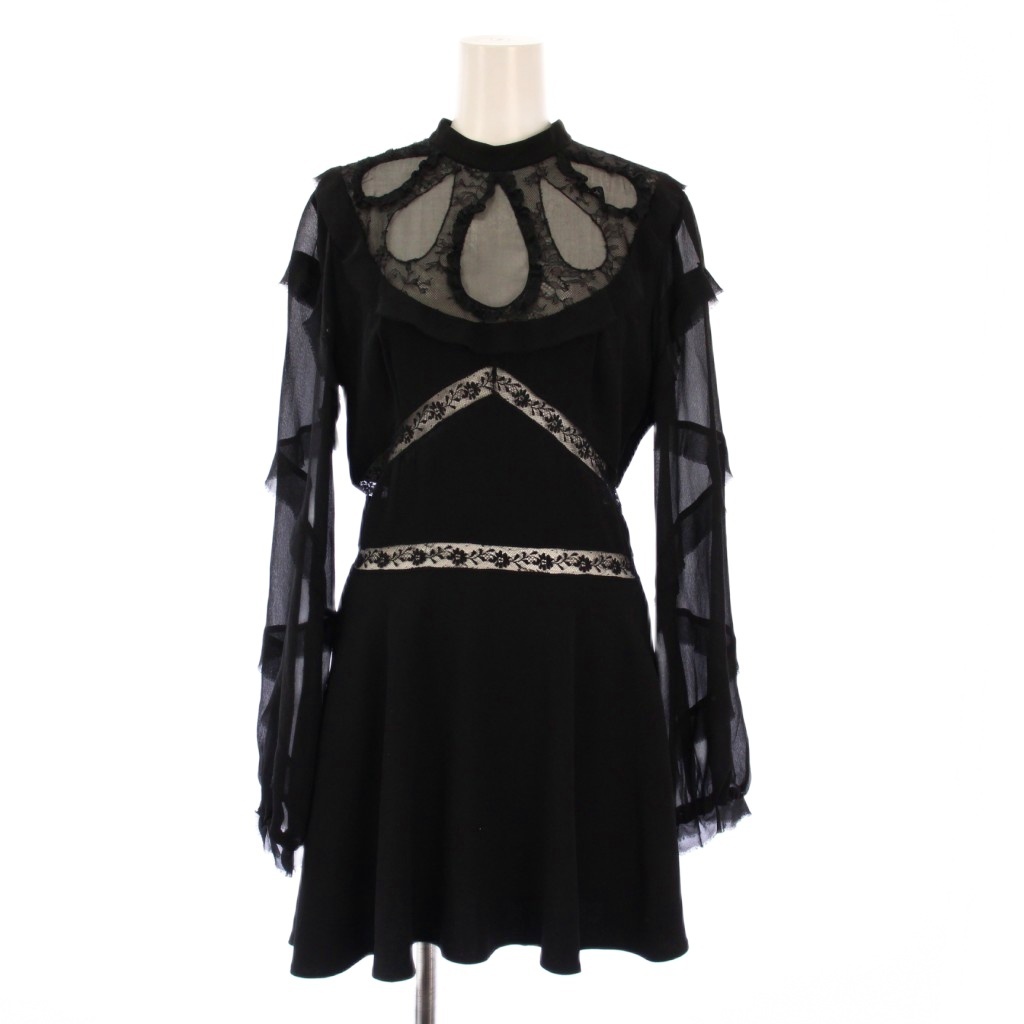 ミュウミュウ miumiu フレアワンピース ミニ丈 長袖 シアー シースルー レース 切替 ストレッチ 40 黒 ブラック /BB レディース拍卖