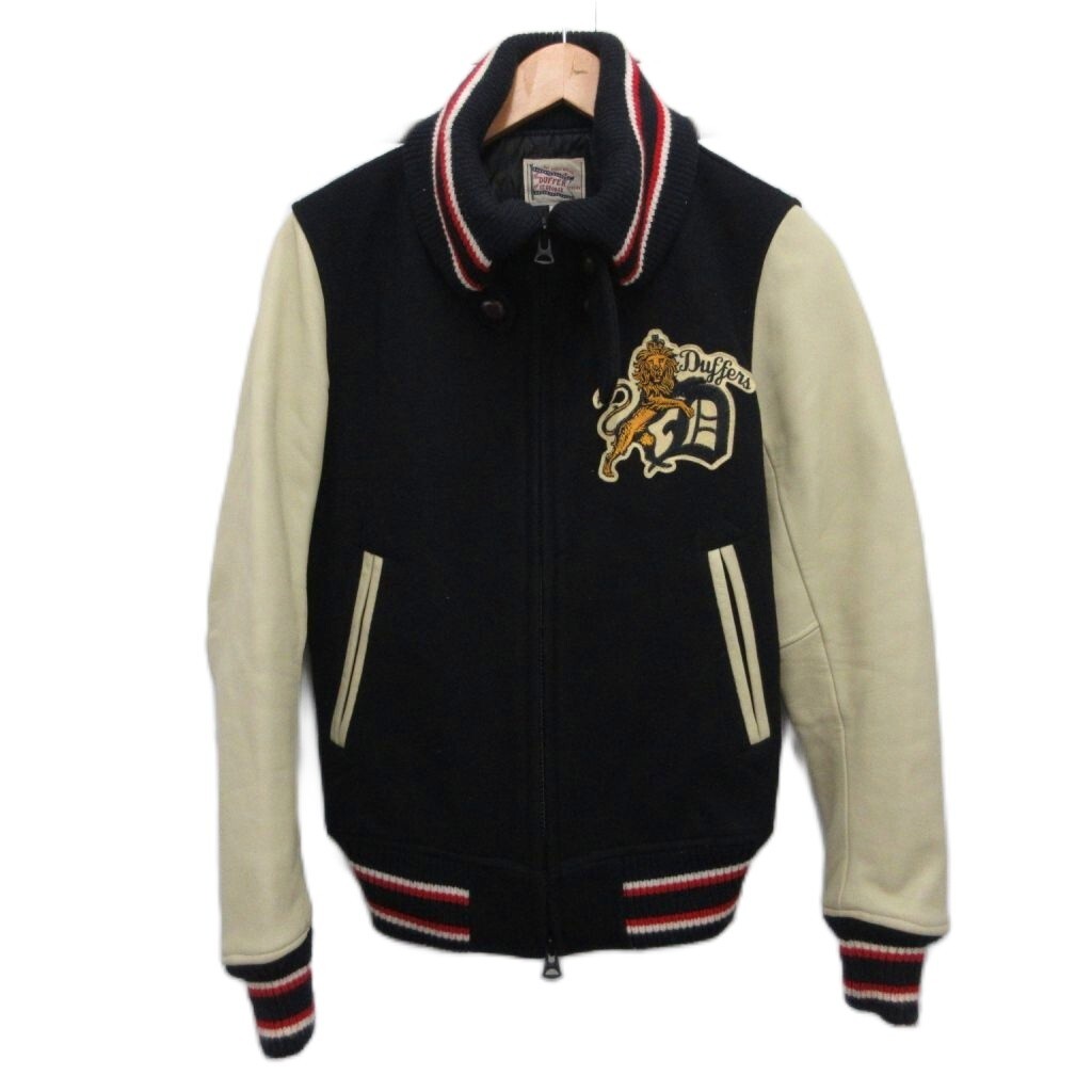 ザ・ダファー・オブ・セントジョージ The DUFFER of ST.GEORGE スタジャン ブルゾン レザー切替 羊革 ワッペン ダブルジップ S 紺拍卖