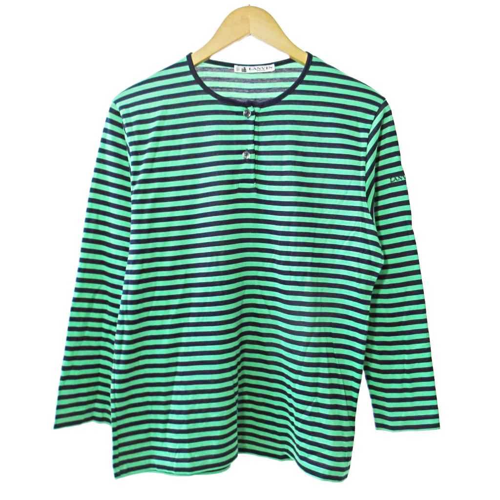 ランバン LANVIN 美品 カットソー Tシャツ ロンT ボーダー ヘンリーネック 38 緑 紺 1016 IBO82 レディース拍卖