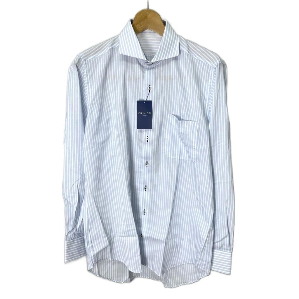 未使用品 オリヒカ ORIHICA タグ付き カッタウェイブルーストライプドレスシャツ ワイシャツ ビジネス 長袖 L 水色 白拍卖