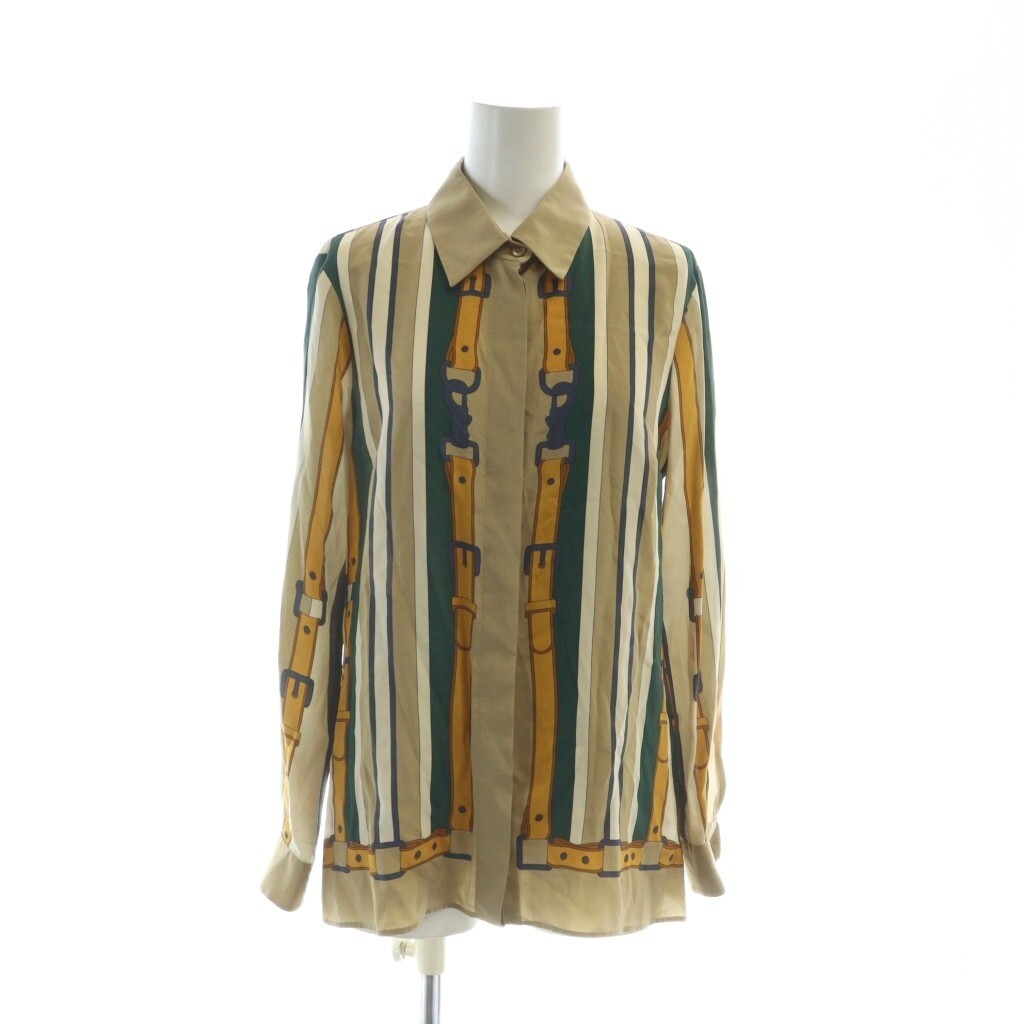 グッチ GUCCI シャツ ブラウス 長袖 ステンカラー ストライプ 絹 シルク ロゴ 36 XS マルチカラー ■GY17 /MQ レディース拍卖
