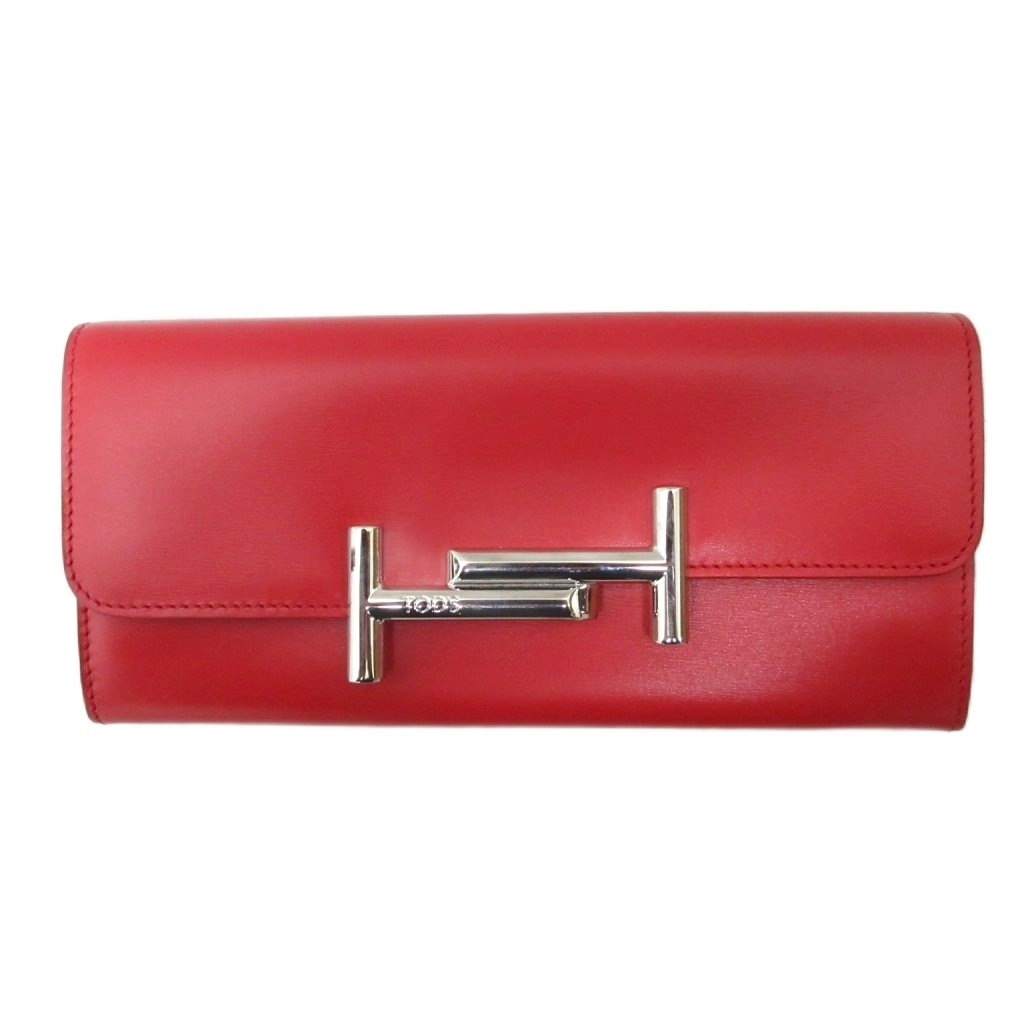 トッズ TOD'S 美品 長財布 ロングウォレット ダブルT ロゴ金具 フラップ 小銭入れ レザー 赤 レッド レディース拍卖
