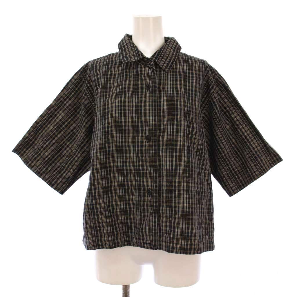 マーガレットハウエル COTTON LINEN CHECK コットンリネンチェックシャツ ブラウス 半袖 レギュラーカラー ショート丈 2 黒 ベージュ拍卖