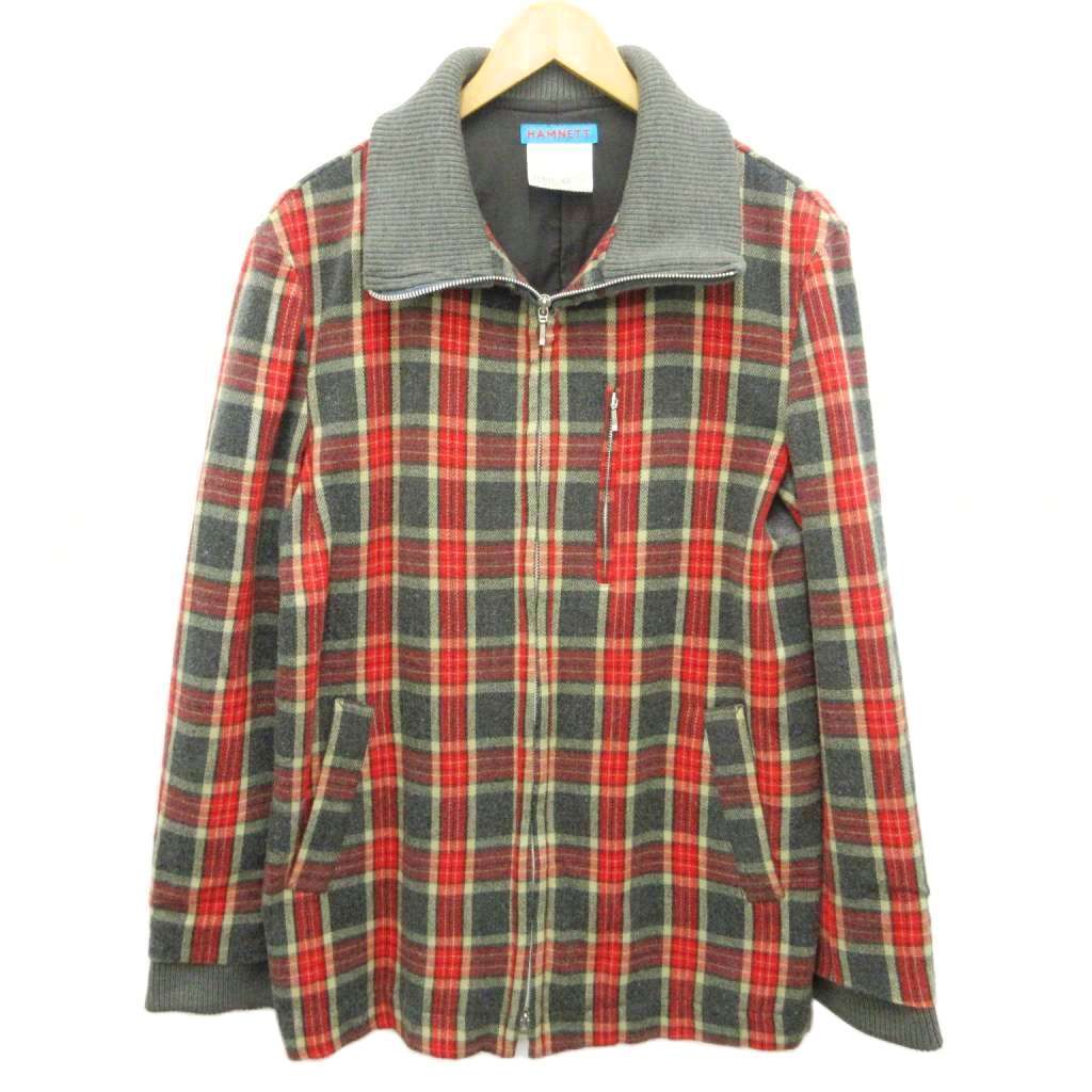 ハムネット HAMNETT ブルゾン ジャケット チェック ウール 切替 リブ ジップアップ L 赤 灰 レッド グレー 系 ■YHS7 1017 メンズ拍卖