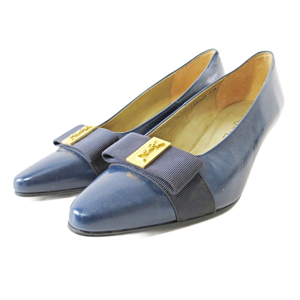 イヴサンローラン YVES SAINT LAURENT リボン カサンドラ ロゴプレート レザー パンプス ヒール 34.5 21.5cm ネイビー 紺 1020 レディース拍卖