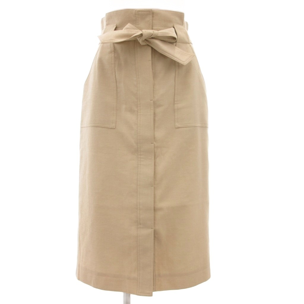 ノーリーズ Nolley's 麻調ストレッチベイカースカート タイト ひざ丈 ベルト付 36 ベージュ 1-0030-2-06-003 /GV ■GY43 レディース拍卖