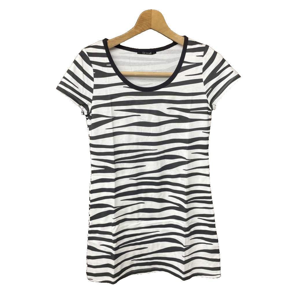 ルスーク Le souk 美品 ゼブラ柄 Tシャツ カットソー チュニック 半袖 38 白 ホワイト 黒 ブラック レディース拍卖