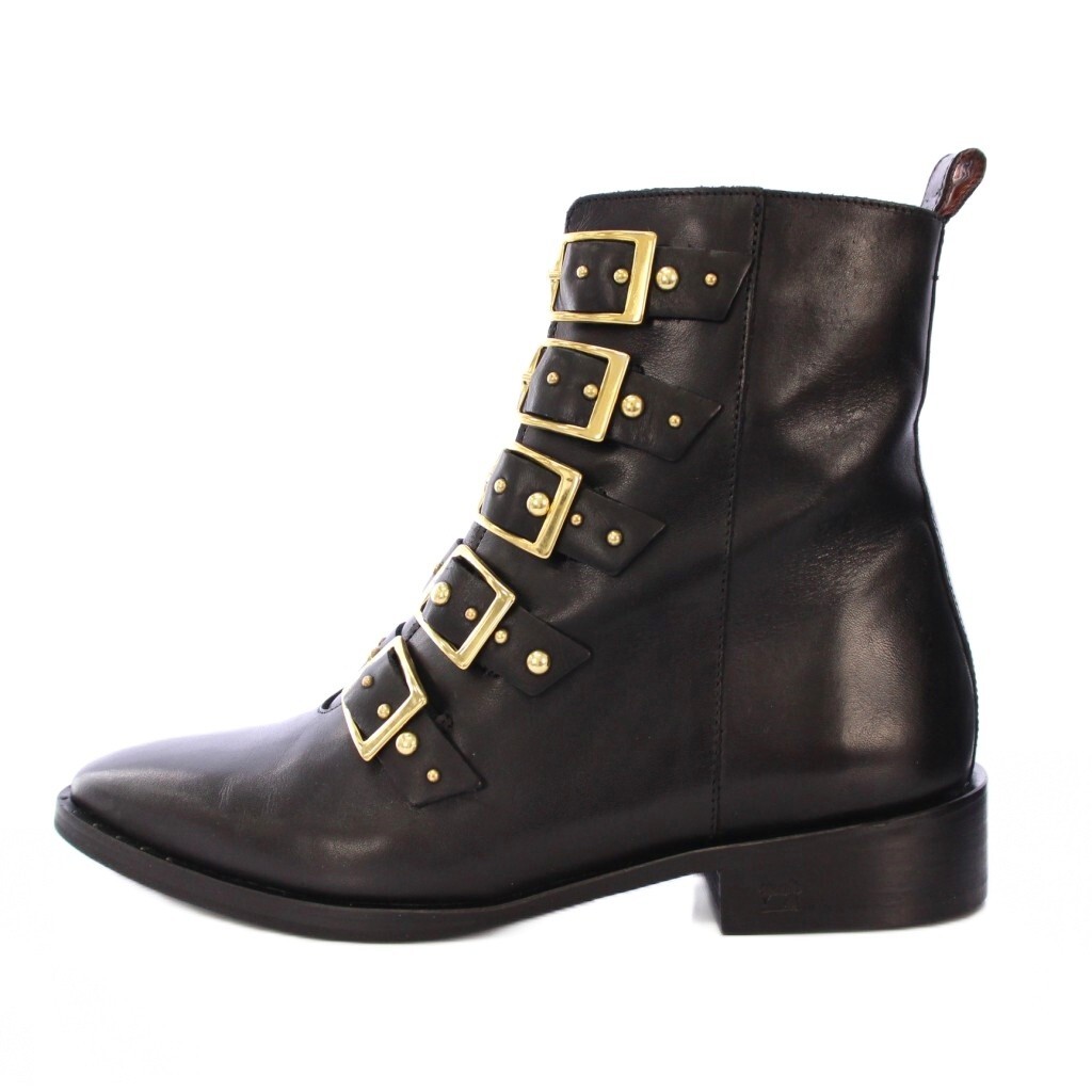 スコッチ&ソーダ Trona トロナ ショートブーツ アーモンドトゥ ローヒール レザー ベルト バイカラー 38 黒 ゴールドカラー拍卖